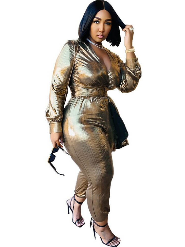 Glitter Long Sleeve V Neck Bodycon Jumpsuit
