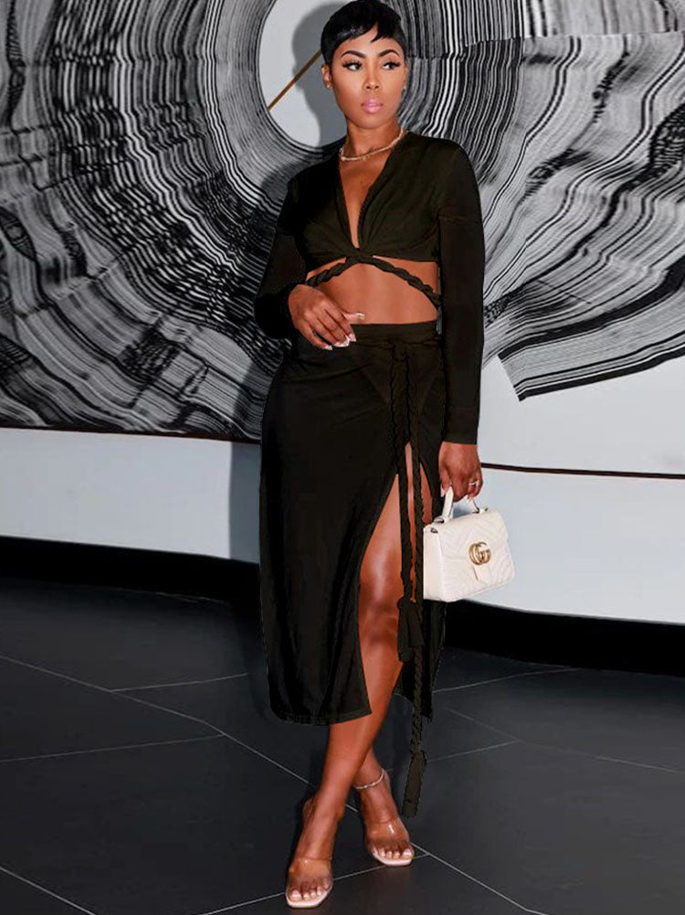 Two Piece Crop Tops & Side Split Midi Skirts