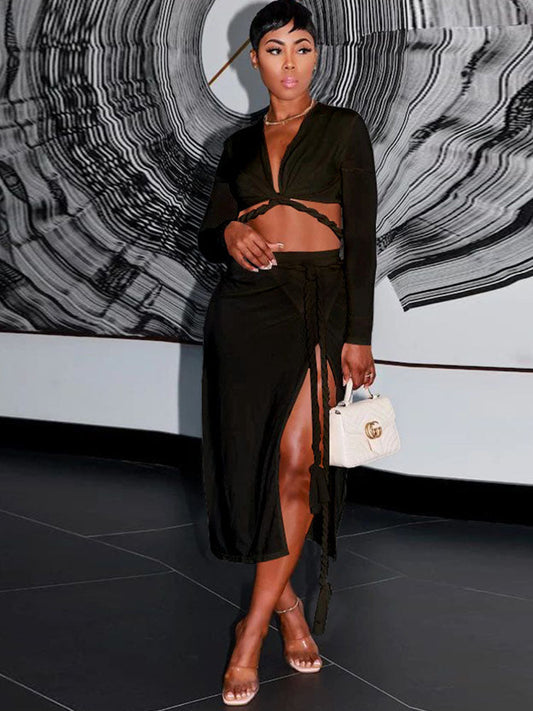 Two Piece Crop Tops & Side Split Midi Skirts