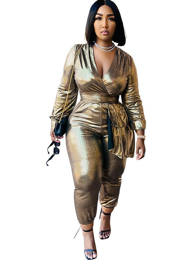 Glitter Long Sleeve V Neck Bodycon Jumpsuit