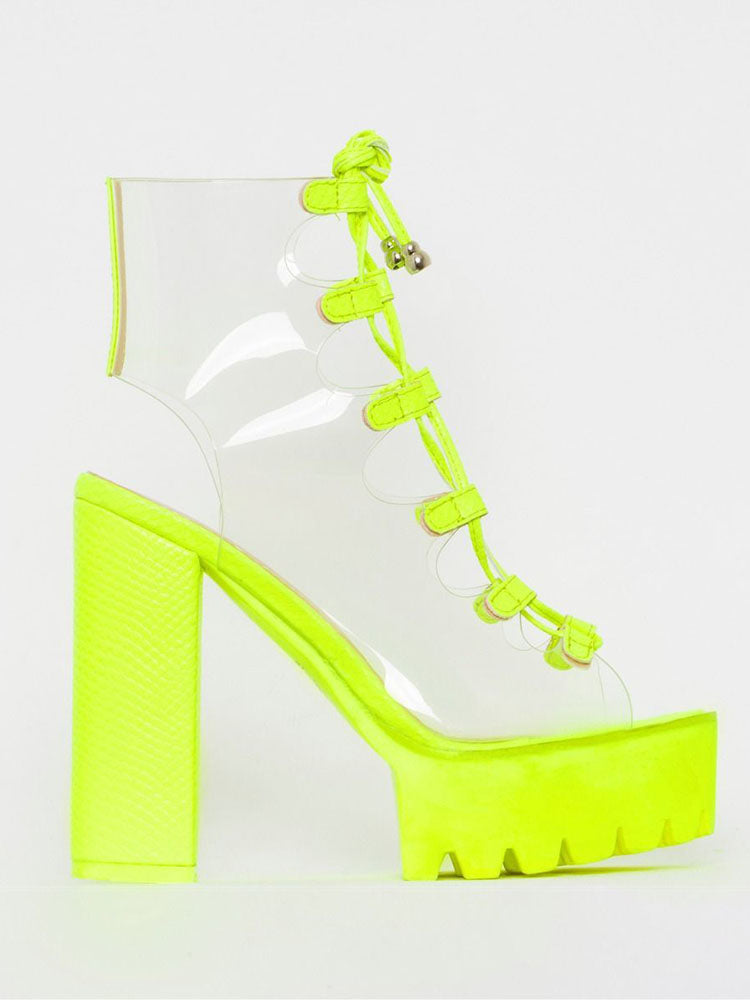 Transparent Lace Up Open-Toe Chunky Heels