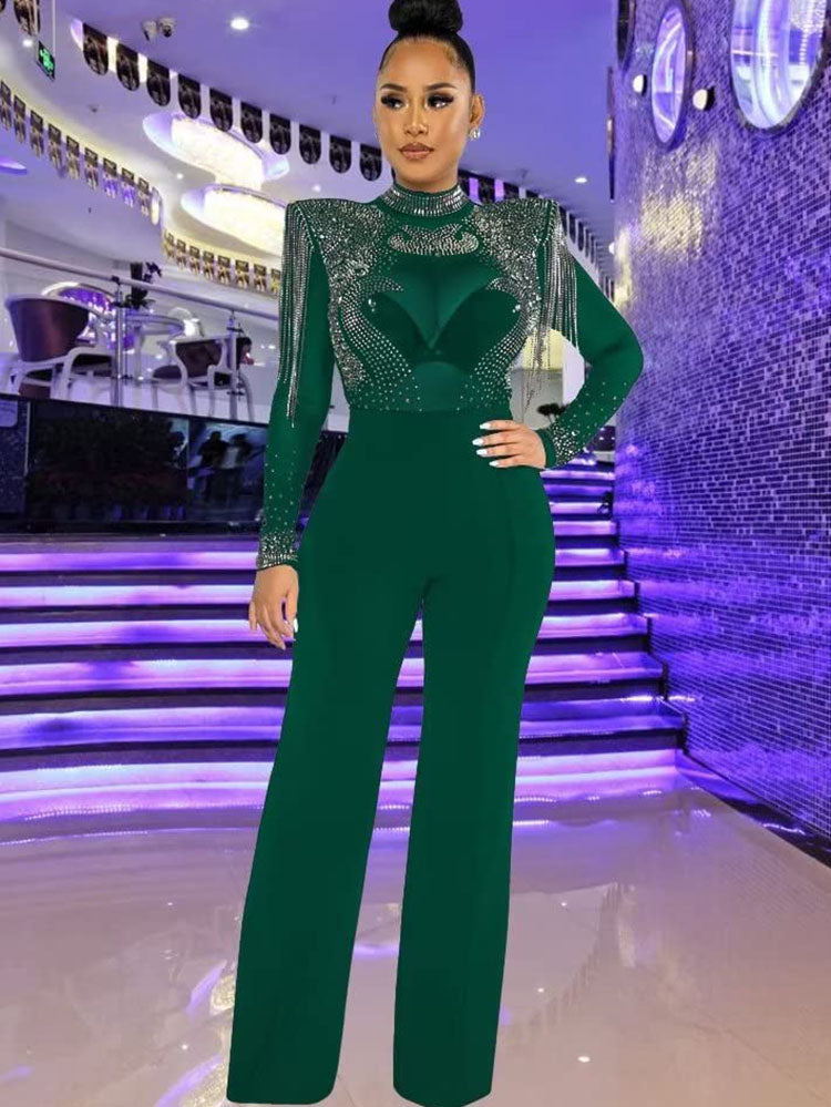 Long Sleeve Pad Shoulder Tassels Jumpsuits