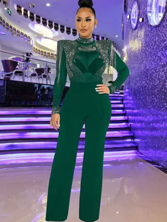 Long Sleeve Pad Shoulder Tassels Jumpsuits