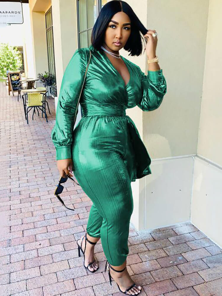 Glitter Long Sleeve V Neck Bodycon Jumpsuit
