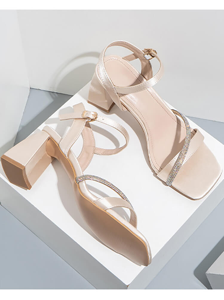 Rhinestone Ankle Strap Chunky Heel Sandal