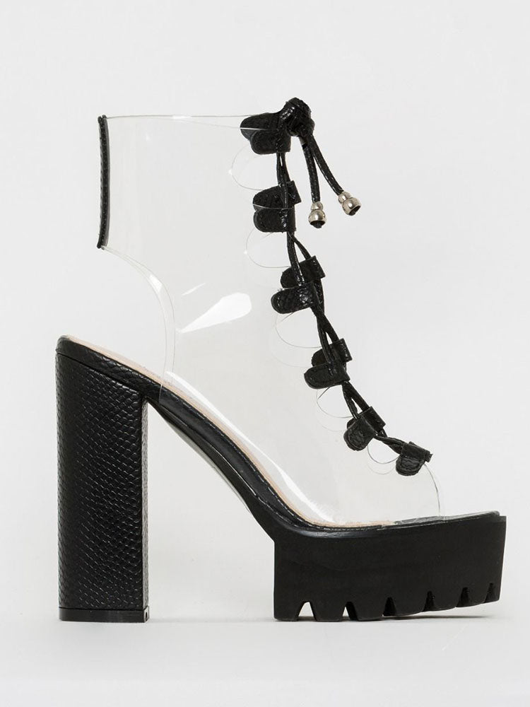 Transparent Lace Up Open-Toe Chunky Heels