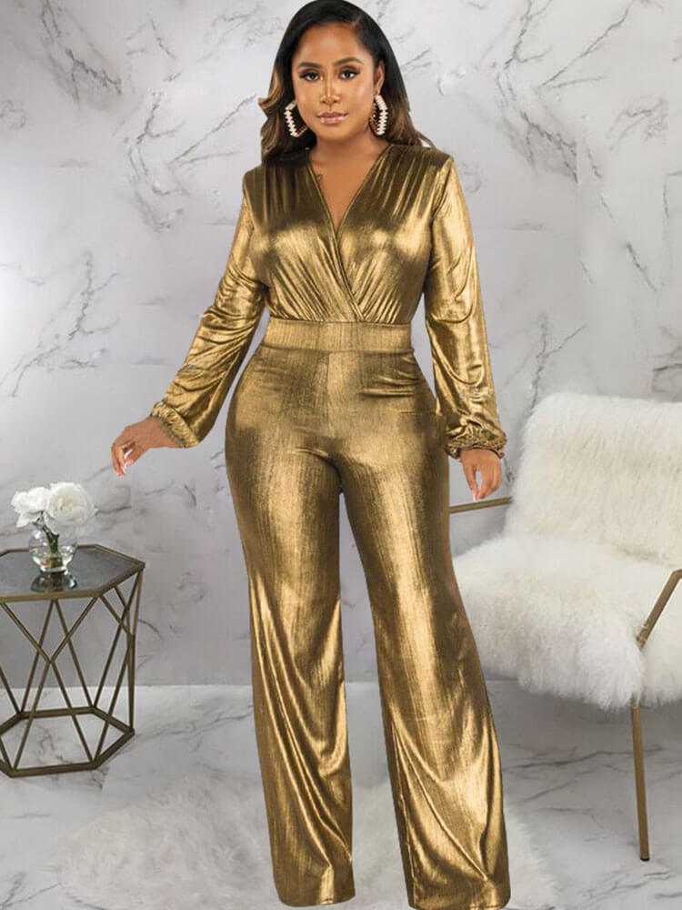 Long Sleeves Bronzing High Waist Jumpsuits