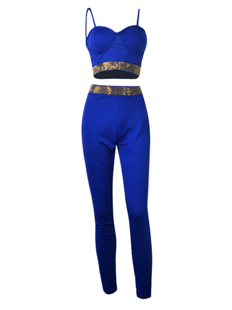 Two Piece Sleeveless Rhinestone Patchwork Pant Suits