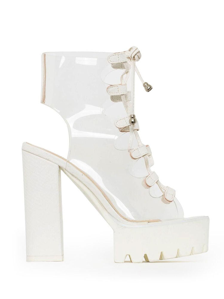 Transparent Lace Up Open-Toe Chunky Heels