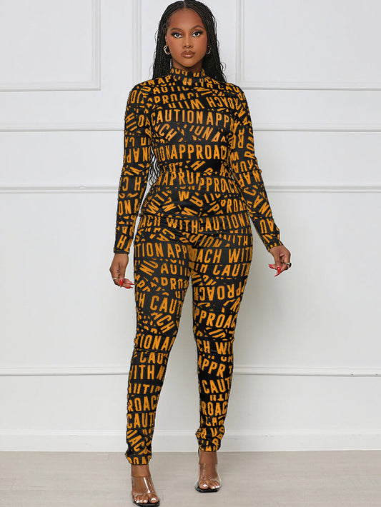 Long Sleeve Letter Print Bodycon Jumpsuits
