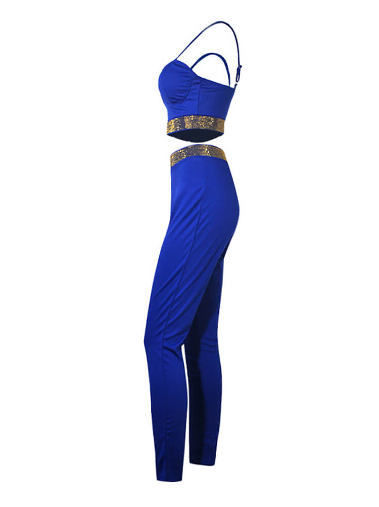 Two Piece Sleeveless Rhinestone Patchwork Pant Suits