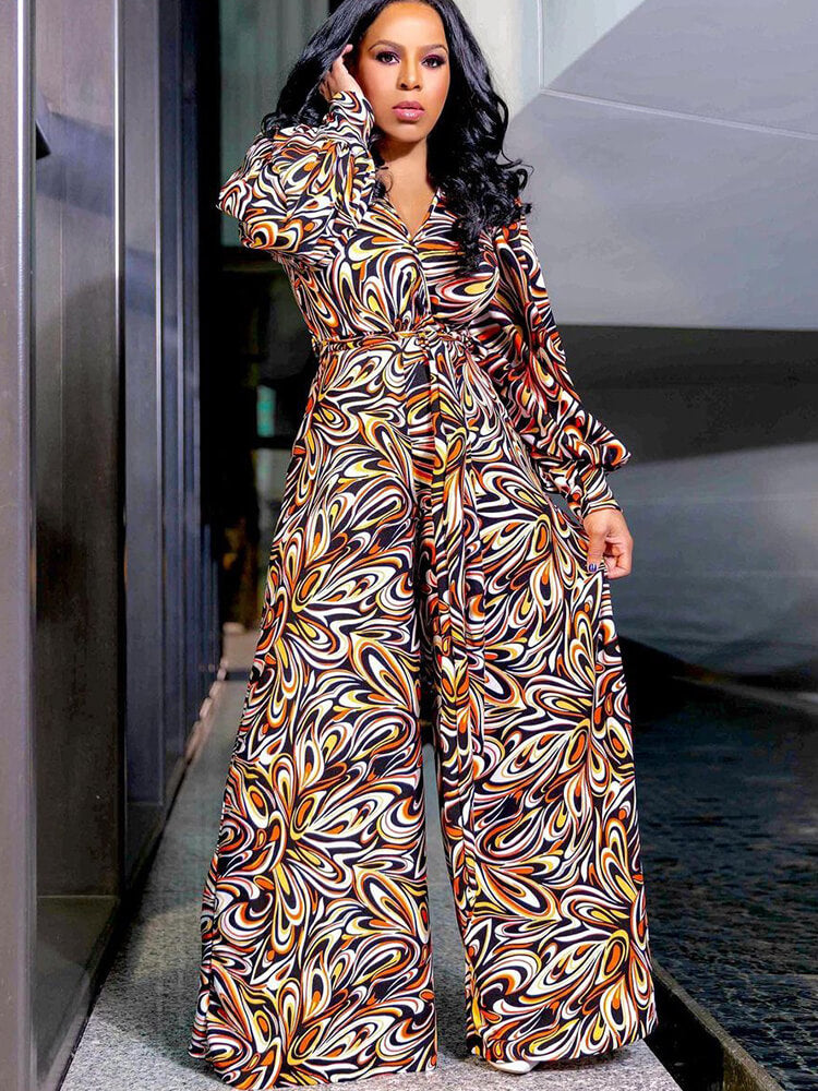 Long Sleeve Floral Print Wide Leg Jumpsuits