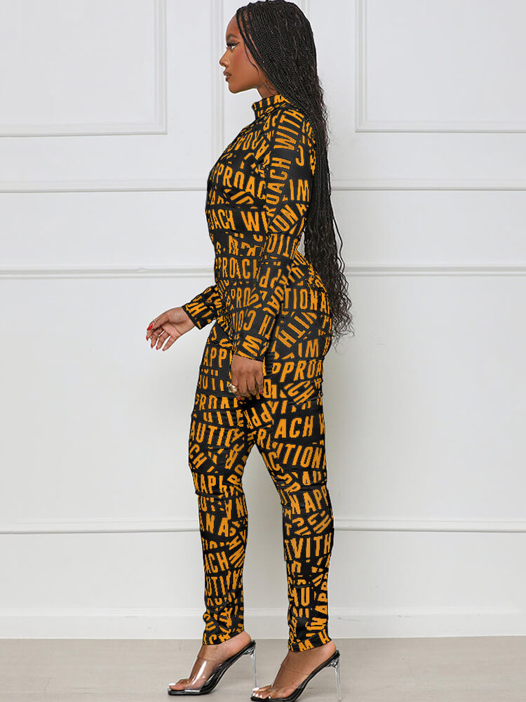Long Sleeve Letter Print Bodycon Jumpsuits