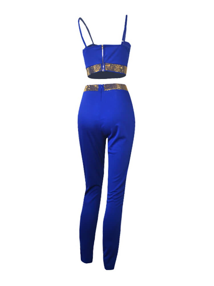 Two Piece Sleeveless Rhinestone Patchwork Pant Suits