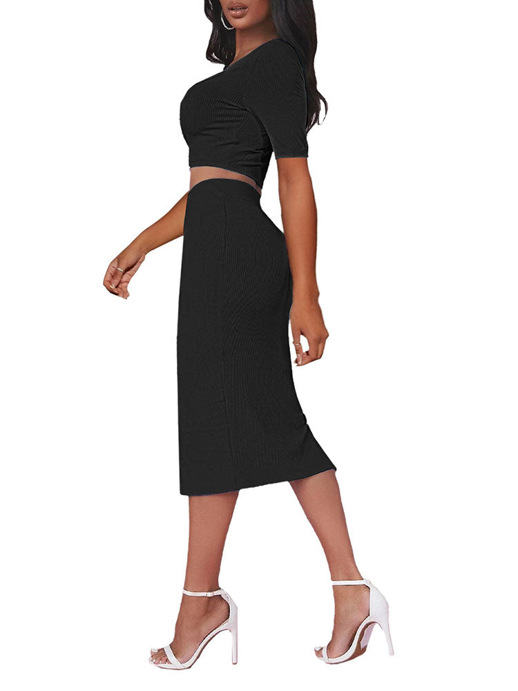 Two Piece Ribbed Crop Top & Midi Skirt