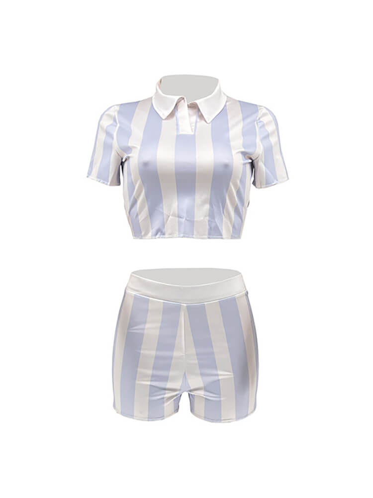 Two Piece Short Sleeve Striped Crop Tops & Shorts