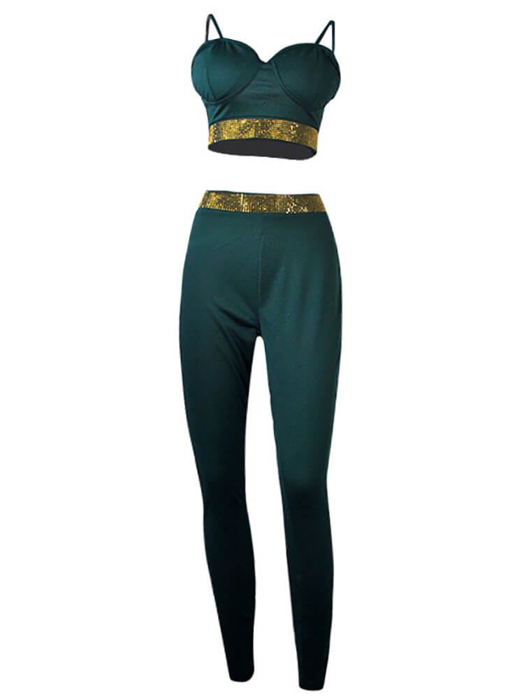 Two Piece Sleeveless Rhinestone Patchwork Pant Suits