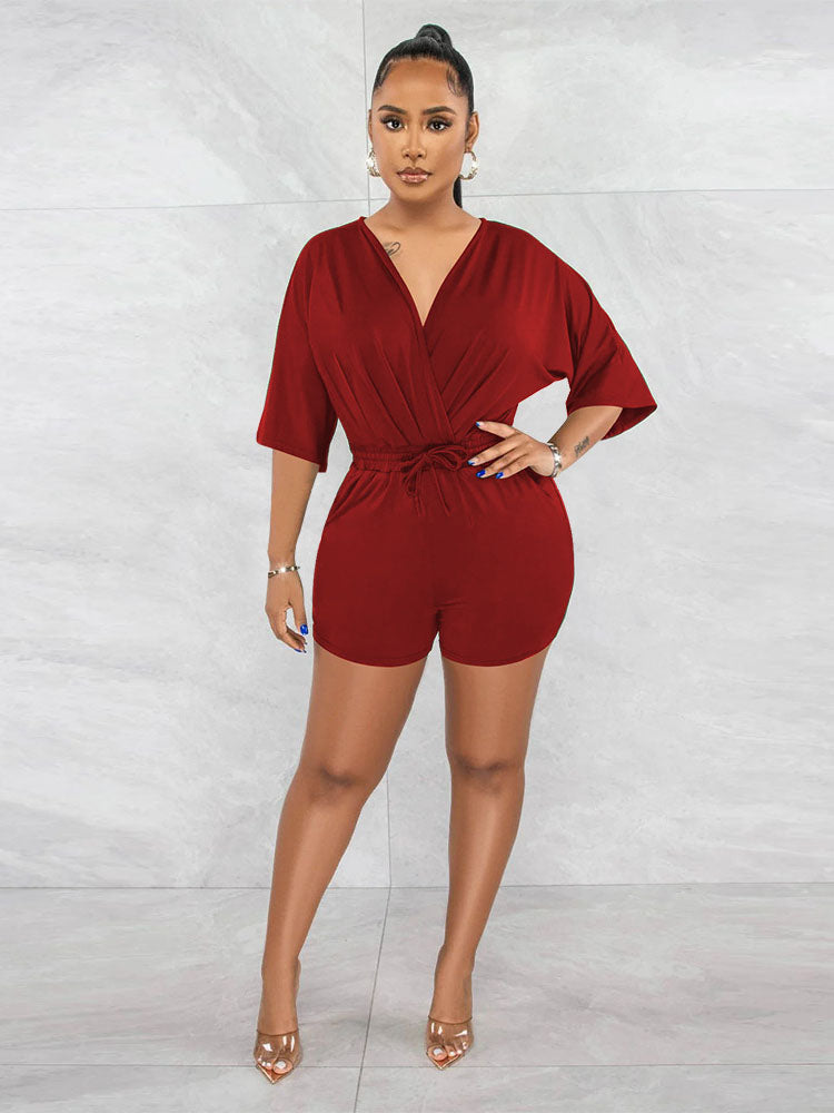 V Neck Short Sleeve High Waist Drawstring JumpSuit