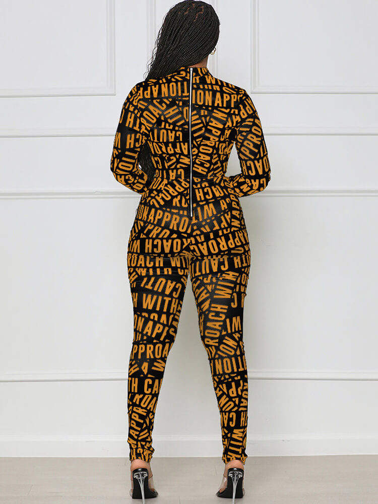 Long Sleeve Letter Print Bodycon Jumpsuits