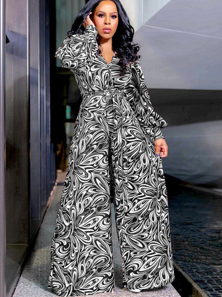 Long Sleeve Floral Print Wide Leg Jumpsuits