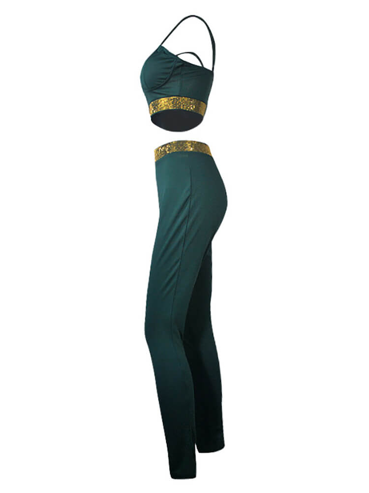 Two Piece Sleeveless Rhinestone Patchwork Pant Suits