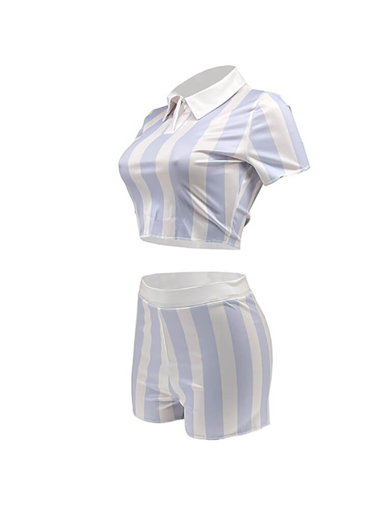 Two Piece Short Sleeve Striped Crop Tops & Shorts