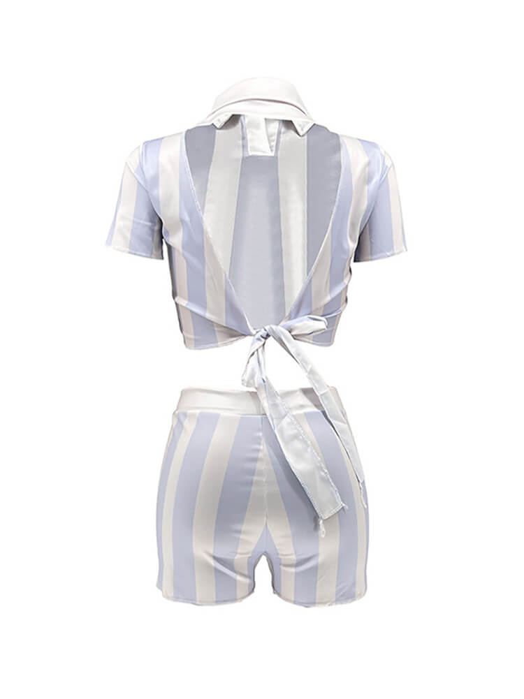 Two Piece Short Sleeve Striped Crop Tops & Shorts