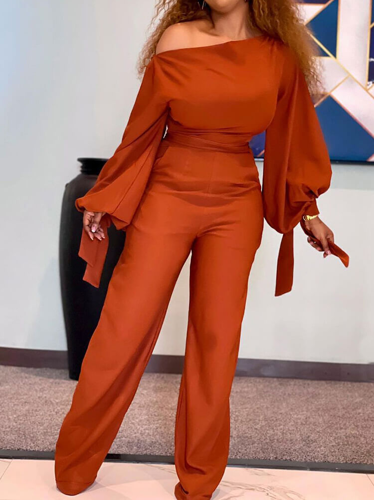 Long Sleeves One Shoulder Tie Up Jumpsuits