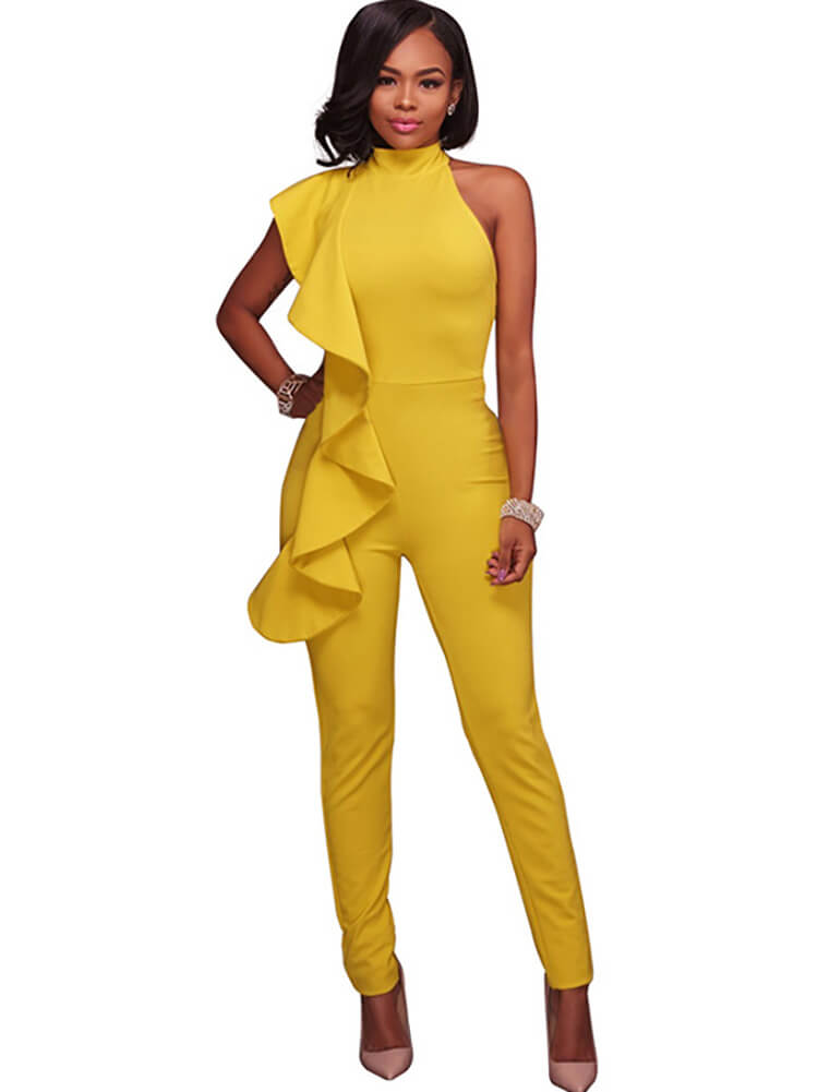 One Shoulder Sleeveless Ruffle Bodycon Jumpsuit