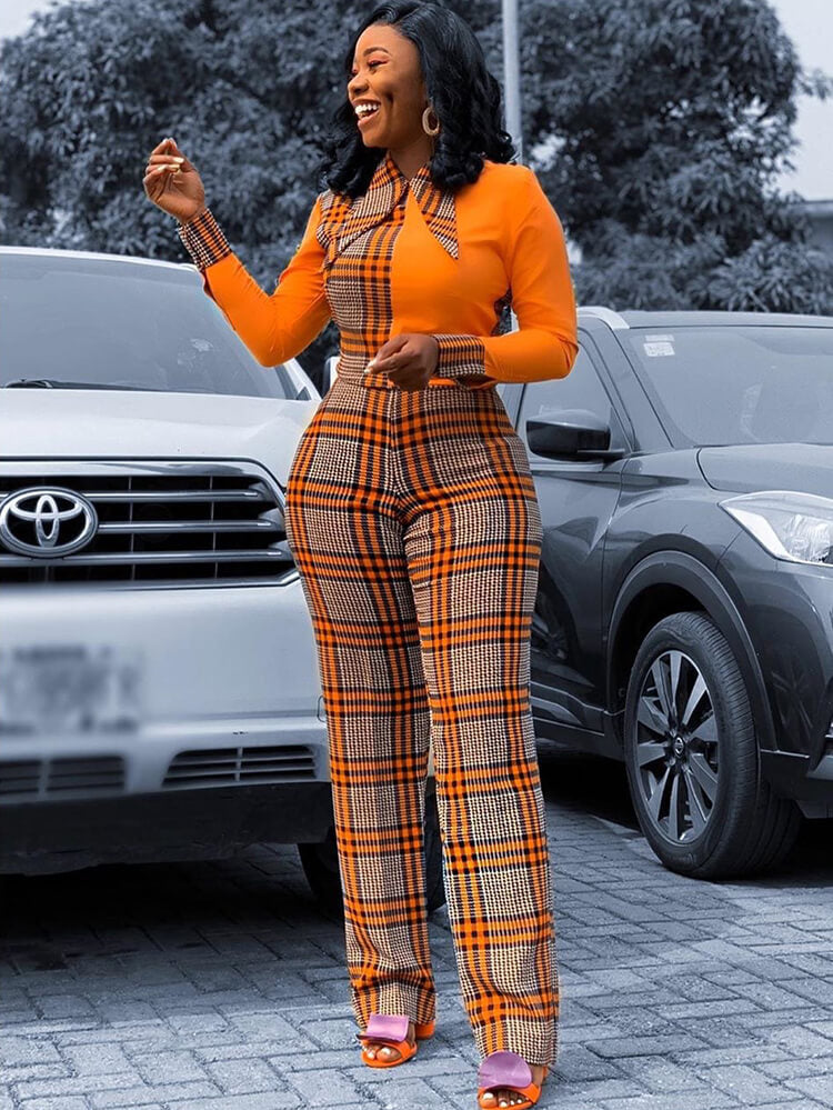 Long Sleeve Plaid Color Block Wide Leg Jumpsuit