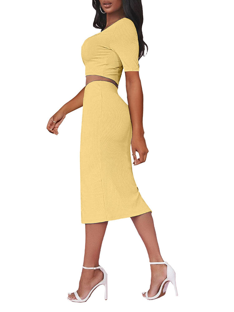 Two Piece Ribbed Crop Top & Midi Skirt