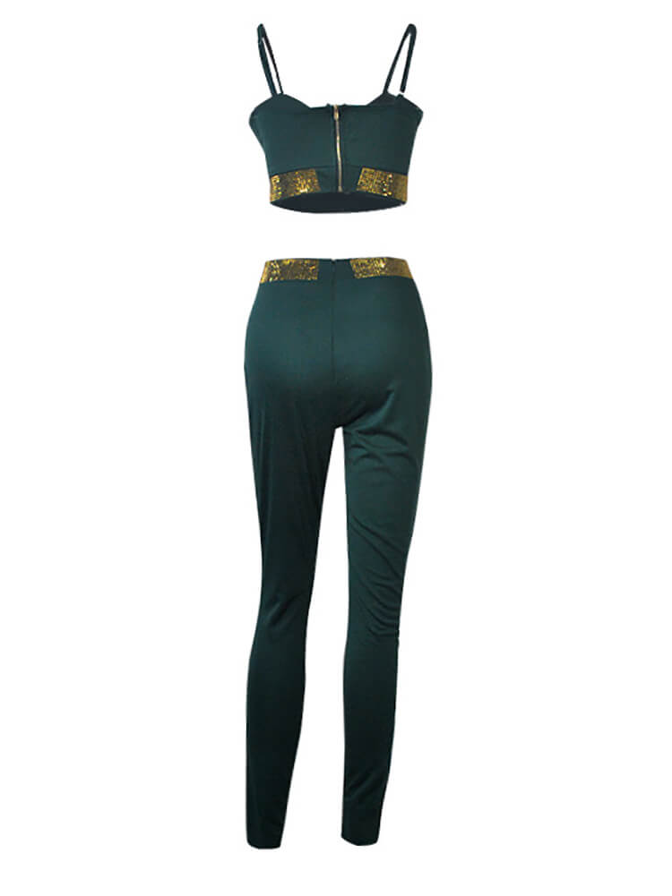 Two Piece Sleeveless Rhinestone Patchwork Pant Suits