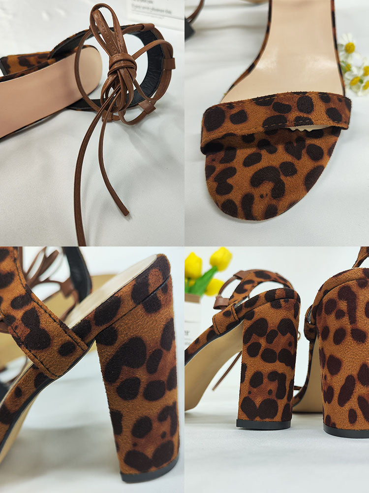 Leopard Crisscross Tie Up Chunky Open Toe Heels