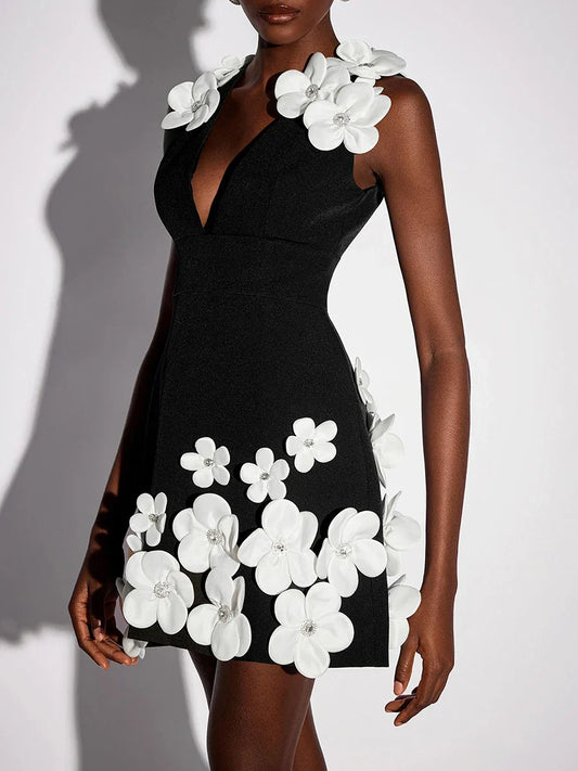 3D Floral Mini Dress | Sleeveless V-Neck Gown
