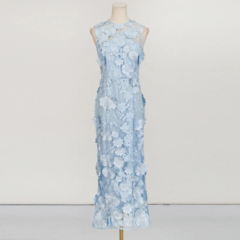 Light Blue Lace Appliqué Midi Dress | Sleeveless Elegant Floral Mesh Gown
