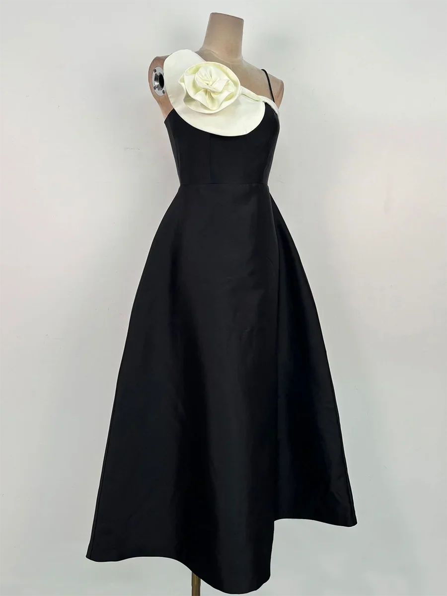 Black Satin Strapless Midi Dress with 3D Flower Detail