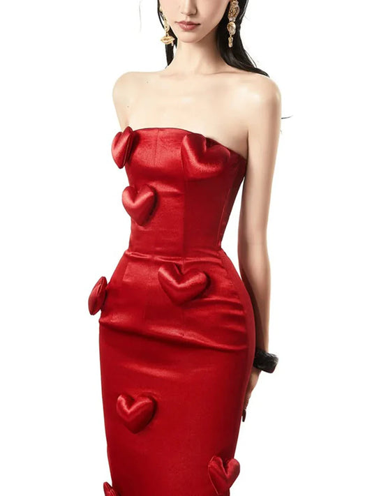 3D Heart Strapless Satin Gown | Bold Sculptural Red Dress