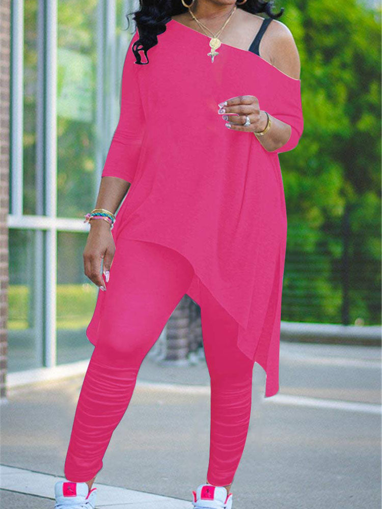 Plus Size Two Piece One Shoulder Tops+ Pants