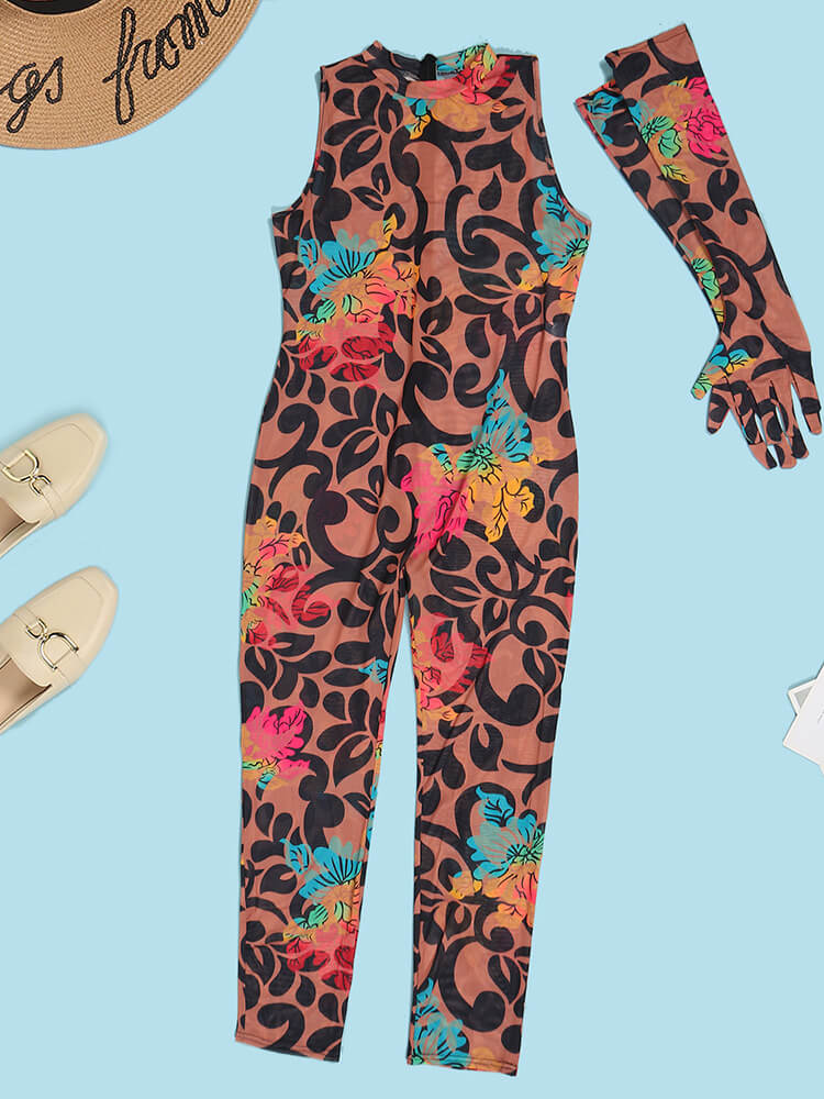 Mesh Floral Print Sleevelesss Bodycon Jumpsuits