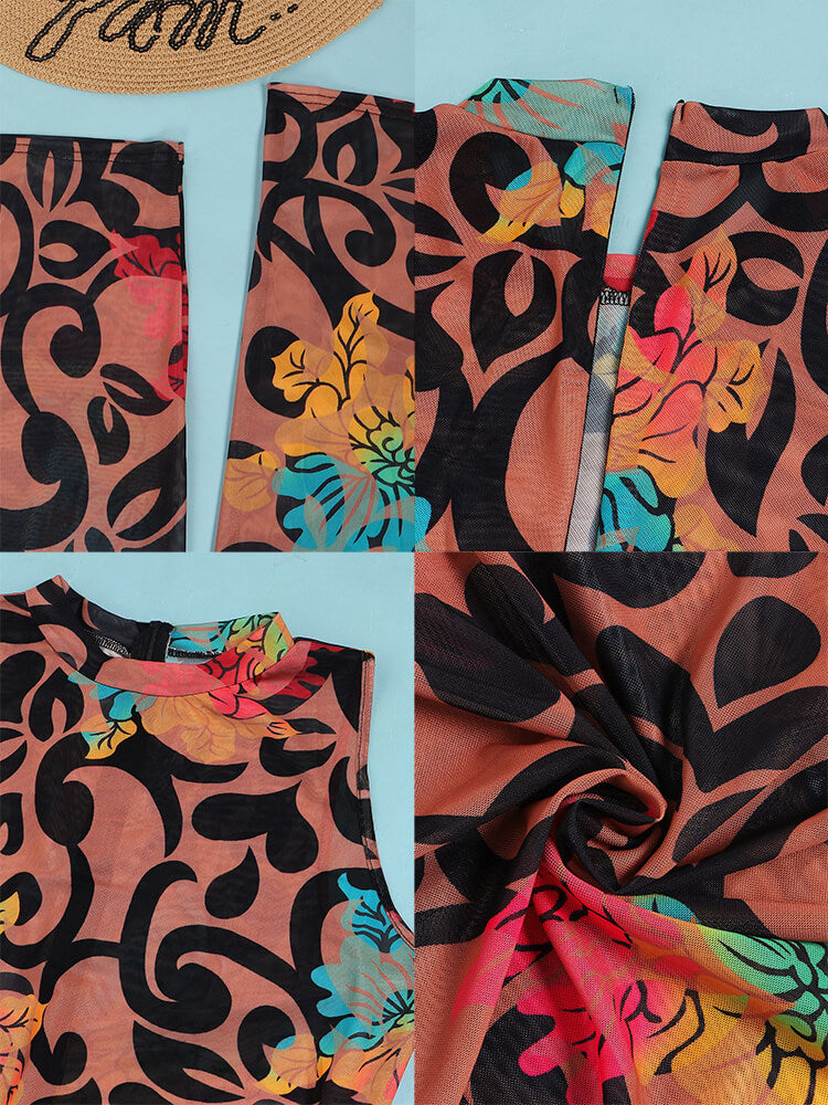Mesh Floral Print Sleevelesss Bodycon Jumpsuits