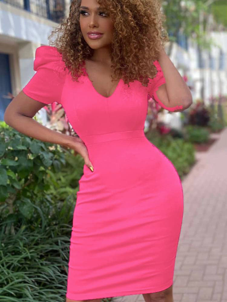 Short Puff Sleeve Bodycon Midi Dresses