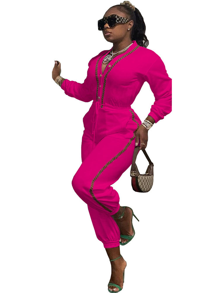 Long Sleeves Button Drawstring Jumpsuits
