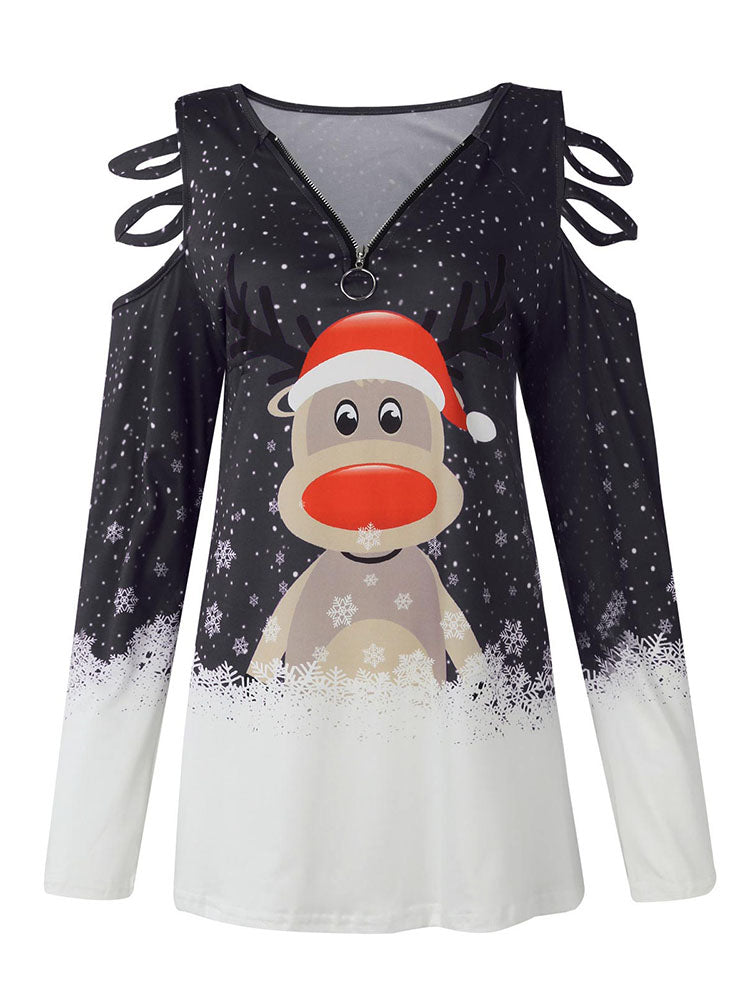 Christmas Plus Size Long Sleeves Elk Print Tops