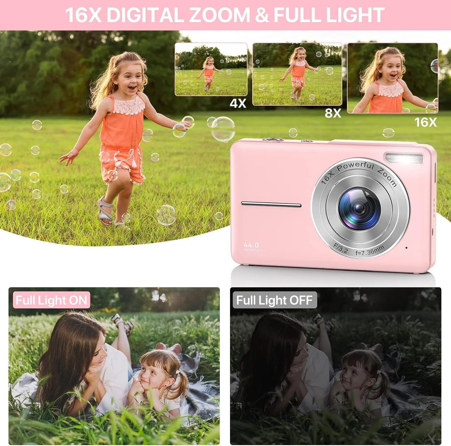 Digital Camera Kids Camera FHD 1080P 44MP Vlogging Camera with 16X Digital Zoom Portable Mini Digital Camera for Kids Teens Seniors with 32GB Card (Pink)
