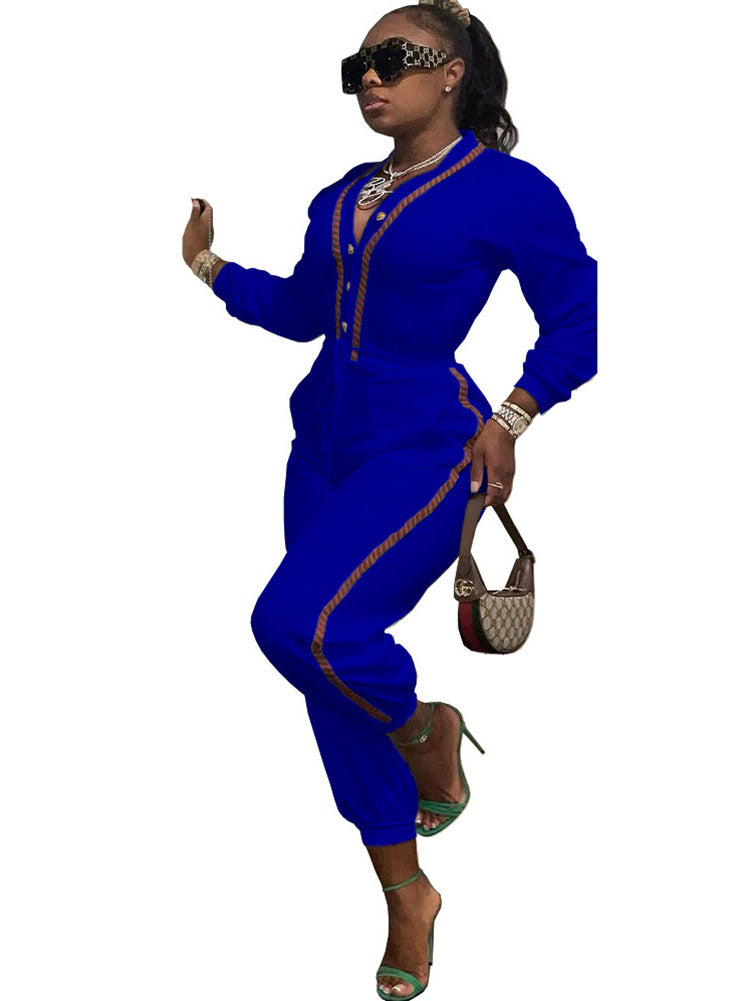Long Sleeves Button Drawstring Jumpsuits