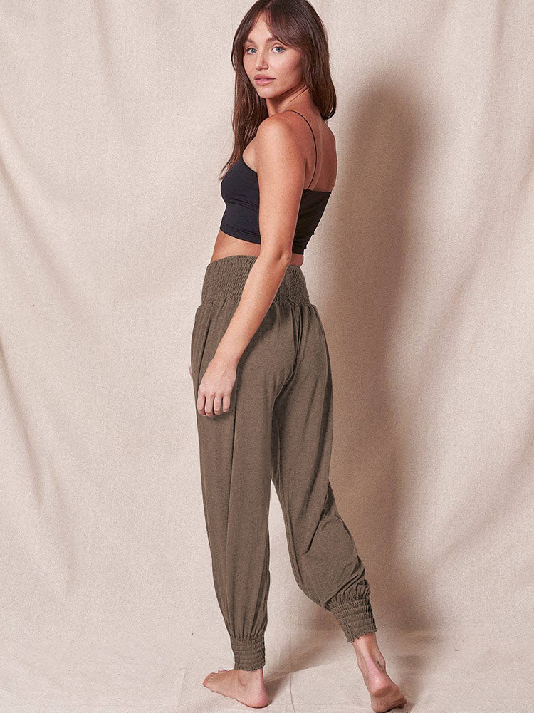 Elastic Waist Solid Color Loose Long Pants
