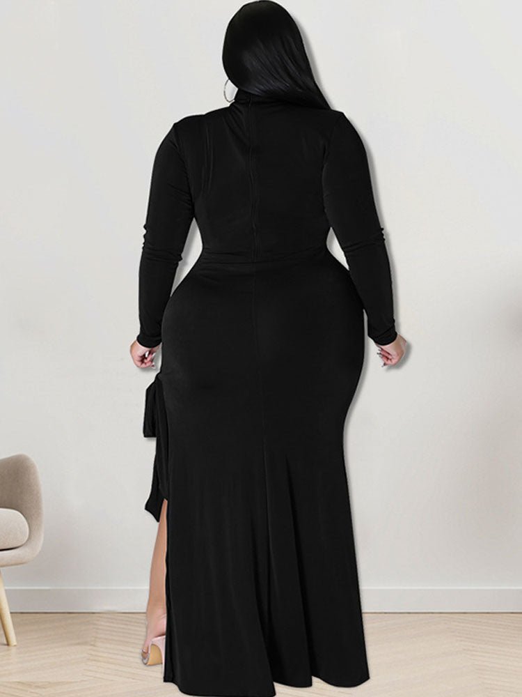 Plus Size Long Sleeve Mock Neck Split Maxi Dresses