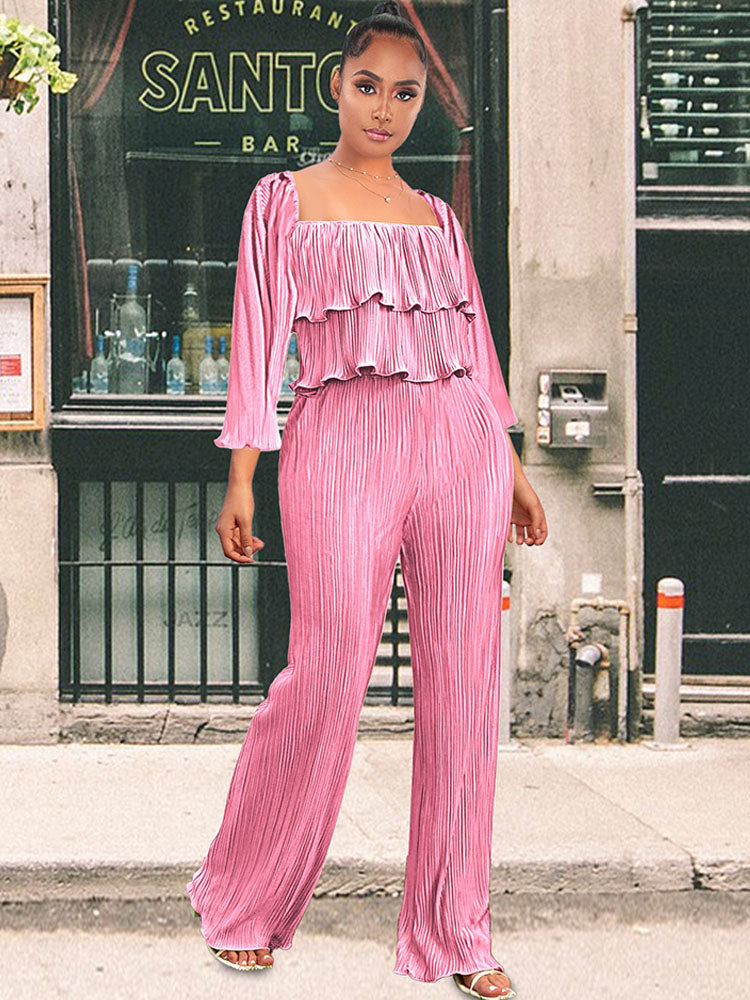 Two Piece Ruffle Crop Top + Long Pants