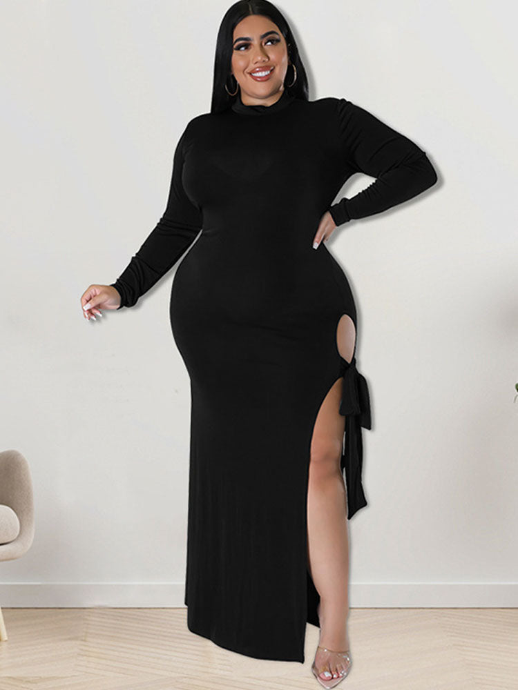 Plus Size Long Sleeve Mock Neck Split Maxi Dresses