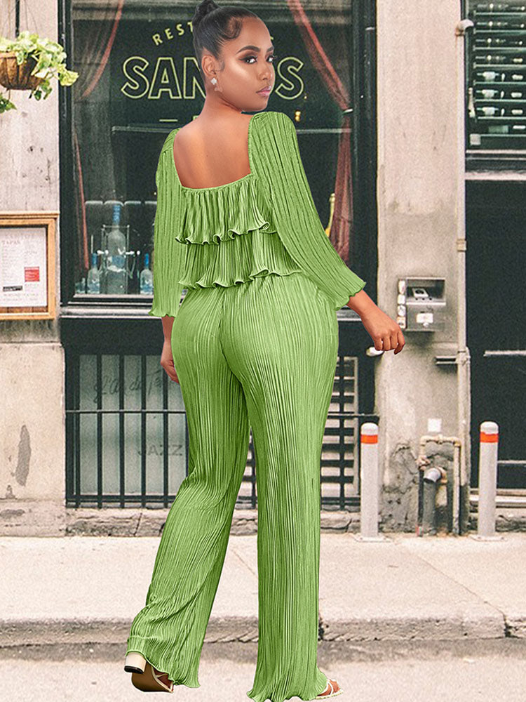 Two Piece Ruffle Crop Top + Long Pants
